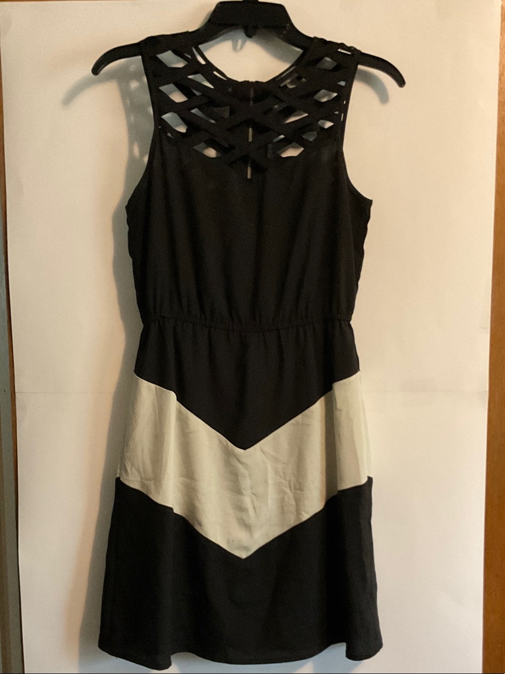 Vanity Black Dress with Cream Chevron Panel and Lattice Yoke